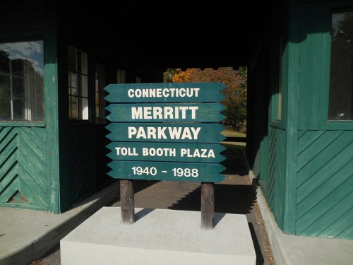 Sign at the Merritt Parkway Toll Booth Plaza in Connecticut, displaying operational years 1940-1988.