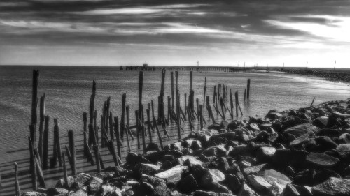 Black and white image of a rocky shoreline with wooden posts and a distant pier under a cloudy sky.