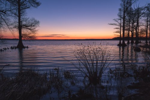 A serene lake at sunset, with silhouetted trees and gentle ripples reflecting the colorful sky.