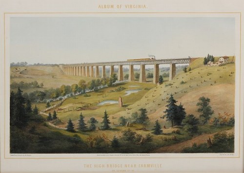 A colorful illustration of the High Bridge near Farmville, Virginia, spanning a valley with trees and a river below.