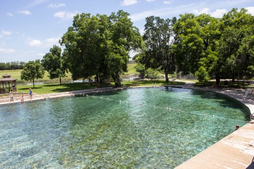 A clear, blue swimming pool surrounded by lush green trees and a sunny sky, with people enjoying the water.