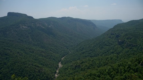 A panoramic view of a lush green valley surrounded by mountains under a clear sky.