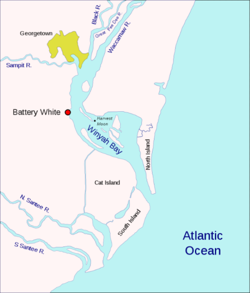 Map showing Battery White near Winyah Bay, with surrounding rivers and islands, located by the Atlantic Ocean.