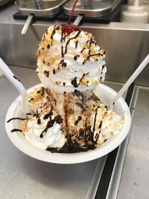 A large ice cream sundae topped with whipped cream, chocolate sauce, crushed nuts, and a cherry, served in a bowl.