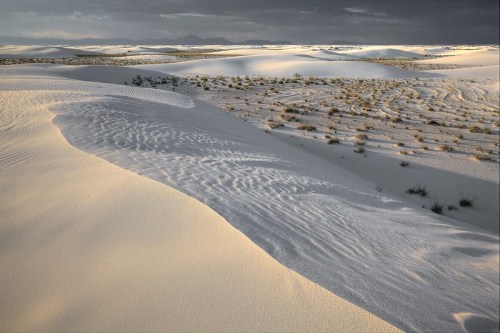 A vast landscape of white sand dunes under a cloudy sky, with gentle ripples and sparse vegetation.