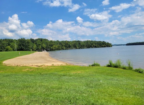 A sandy beach by a calm lake, surrounded by green trees and a blue sky with fluffy clouds.