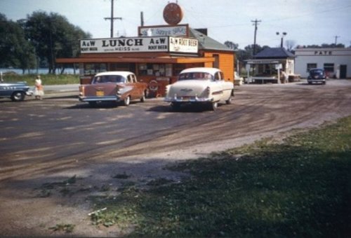 A vintage roadside diner with classic cars parked outside, surrounded by trees and a clear sky.