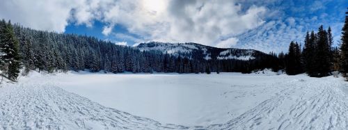 A snowy landscape featuring a frozen lake surrounded by evergreen trees and mountains under a partly cloudy sky.