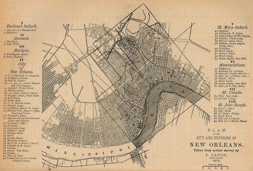Map of New Orleans and its surroundings, detailing streets, neighborhoods, and landmarks from 1816.
