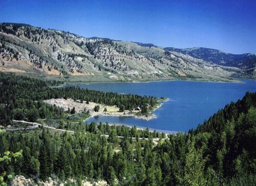 A serene landscape featuring a blue lake surrounded by green trees and mountains under a clear blue sky.