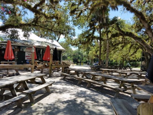 Outdoor seating area with wooden picnic tables, shaded by trees, near a building and a calm water view.