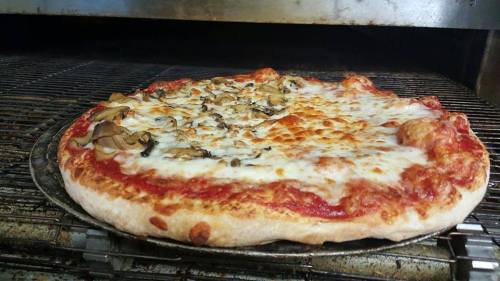 A freshly baked pizza with melted cheese and mushrooms, resting on a wire rack in an oven.