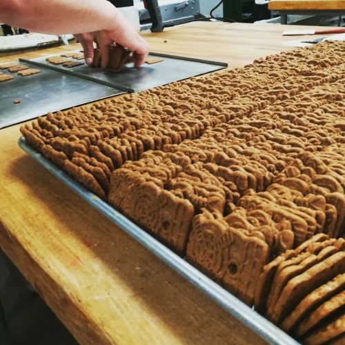 A hand arranging rows of freshly baked, intricately patterned cookies on a baking tray.