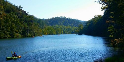 A serene river scene with kayakers, surrounded by lush green trees and a clear blue sky.