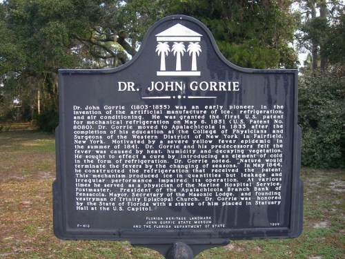 Historical marker about Dr. John Gorrie, pioneer in refrigeration and air conditioning, located in Florida.