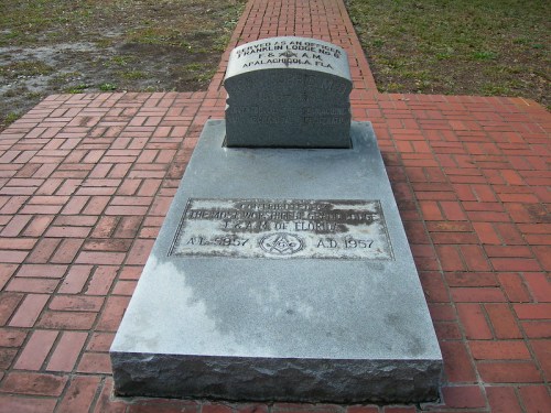 A gravestone with inscriptions, set on a brick pathway in a grassy area, commemorating a historical figure.