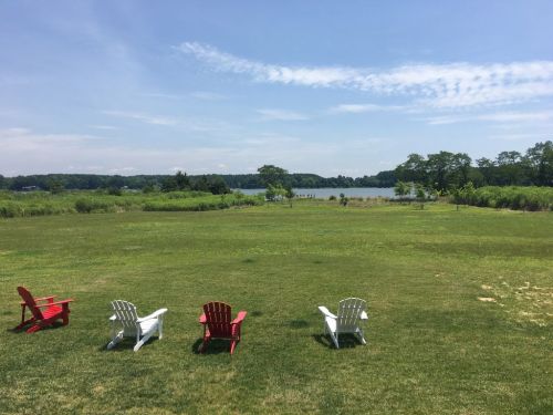 Four colorful Adirondack chairs on a grassy area overlooking a calm lake and lush greenery under a clear blue sky.