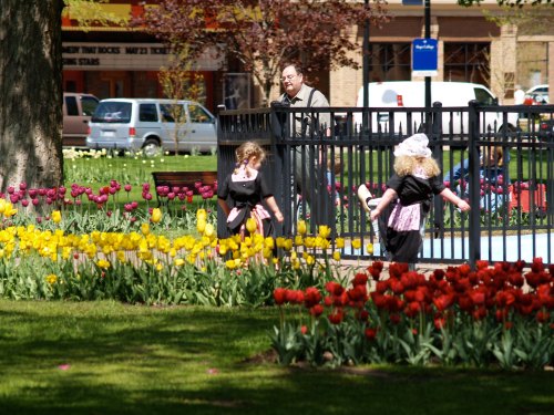 Two children in black dresses play near colorful tulip flowers in a park, while an adult stands nearby.