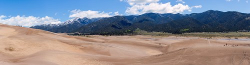 A panoramic view of sandy dunes with mountains in the background, featuring a mix of greenery and snow-capped peaks.