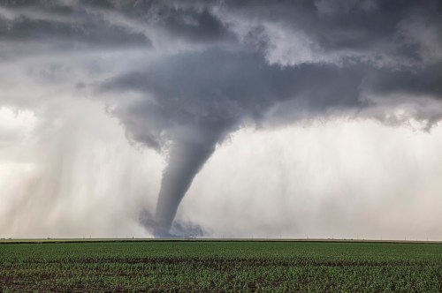 A tornado descends from dark storm clouds over a green field, creating a dramatic weather scene.