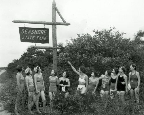 A group of women in vintage swimsuits gathered around a sign for Seashore State Park, pointing and smiling.