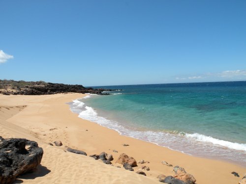 A serene beach with golden sand, gentle waves, and clear blue water under a bright blue sky.