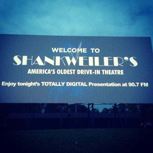 Sign for Shankweiler's Drive-In Theatre, promoting a digital presentation and tuning in to 90.7 FM.