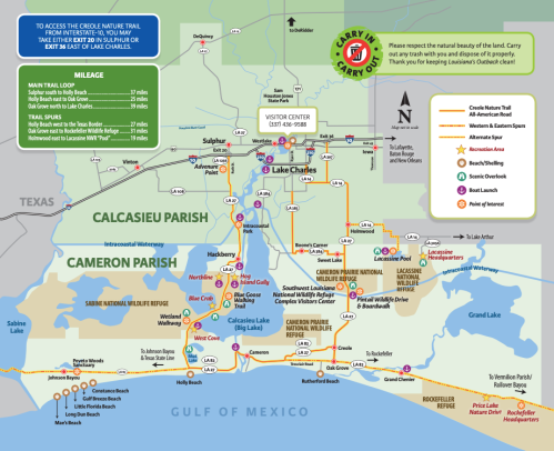 Map of the Creole Nature Trail, highlighting routes, mileage, and points of interest in Calcasieu and Cameron Parishes.