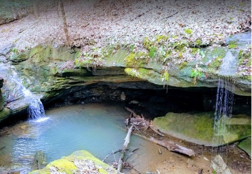 A serene natural scene featuring a small waterfall flowing into a calm pool surrounded by mossy rocks and fallen leaves.