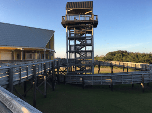 A wooden observation tower beside a yellow building, surrounded by a winding walkway and green grass under a clear blue sky.