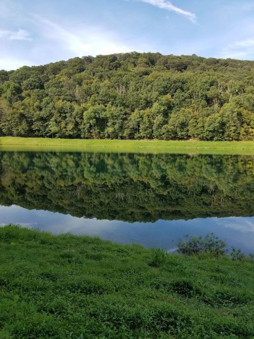 A serene lake reflecting a lush green hillside under a clear blue sky.