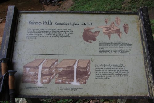 Sign about Yahoo Falls, Kentucky's highest waterfall, detailing its formation and geological features.