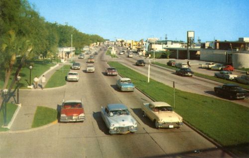 A busy street scene from the past, featuring classic cars and palm trees under a clear blue sky.
