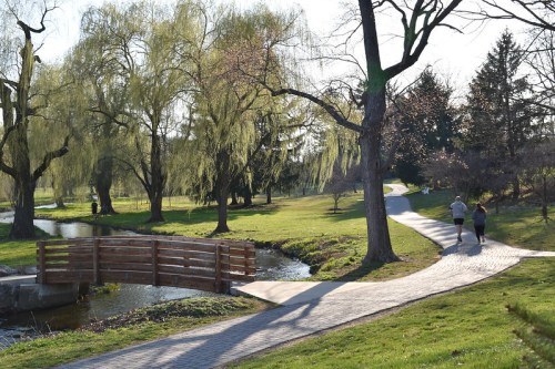A serene park scene with a winding path, a wooden bridge, and two people walking beside a stream and lush greenery.