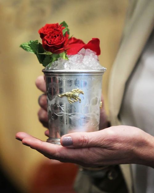 A hand holds a silver cup filled with crushed ice and garnished with red roses.