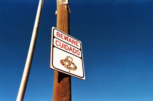 A warning sign on a wooden post reads "Beware" and "Cuidado," featuring a snake graphic against a blue sky.