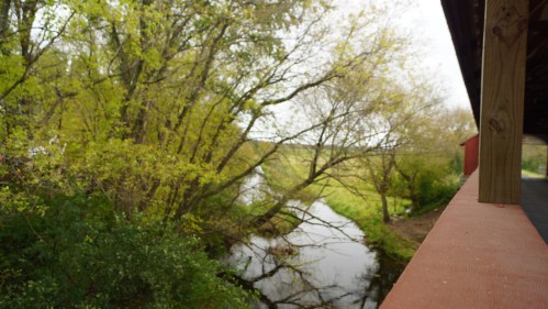 A serene view of a river surrounded by lush green trees, with a wooden railing in the foreground.