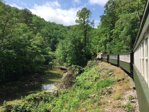 A vintage train travels along a lush, green landscape beside a calm river, surrounded by trees and rocky terrain.