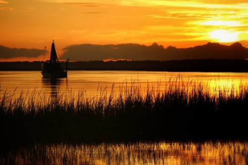 A serene sunset over a calm lake, with a silhouette of a boat and tall grass in the foreground.