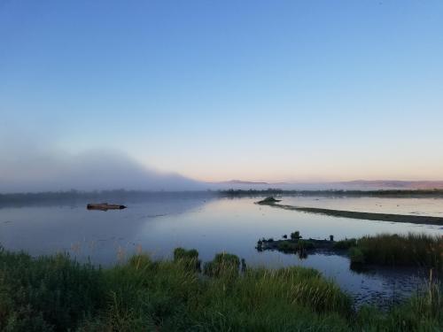A serene river scene at dawn, with mist rising over the water and distant mountains under a clear blue sky.