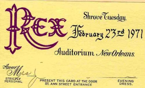 A vintage ticket for the Rex event on Shrove Tuesday, February 23, 1971, at the Auditorium in New Orleans.