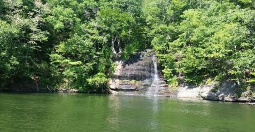 A serene lake surrounded by lush green trees and a small waterfall cascading down a rocky cliff.