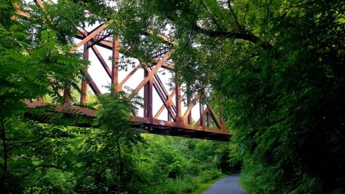 A rusted metal bridge spans over a lush, green path surrounded by dense foliage.