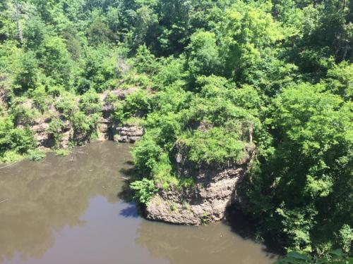 A lush green landscape surrounds a calm, muddy river with rocky cliffs on either side.