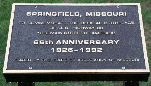 Plaque in Springfield, Missouri, commemorating the 66th anniversary of U.S. Highway 66, established 1926.