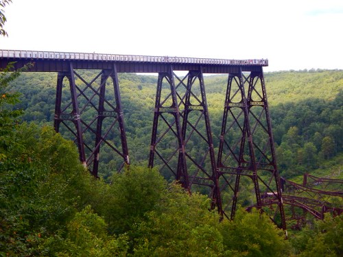 A tall, metal bridge spans a lush green valley, with people walking along its upper deck.