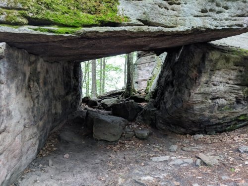 A natural rock formation with a large overhang, surrounded by trees and scattered rocks on the ground.