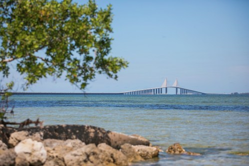 A view of a bridge spanning over calm waters, framed by greenery and rocky shoreline in the foreground.