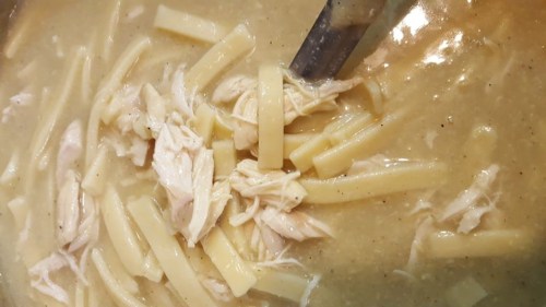 A close-up of a bowl of chicken and noodles in a creamy broth, with shredded chicken and long pasta pieces.