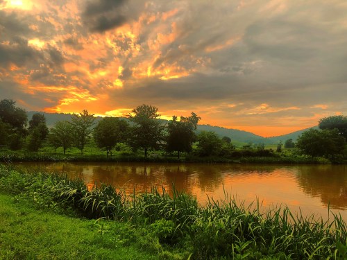 A serene landscape featuring a river reflecting a vibrant sunset, surrounded by trees and rolling hills.